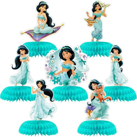 7PCS Jasmine Birthday Party Supplies Set - Princess Table Decorations with Honeycomb Centerpiece for Cartoon Party Decorations