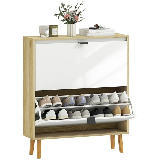HOMCOM Armoire à Chaussures Étroite, Armoire de Rangement pour Chaussures à 2 Tiroirs Basculants, Blanc