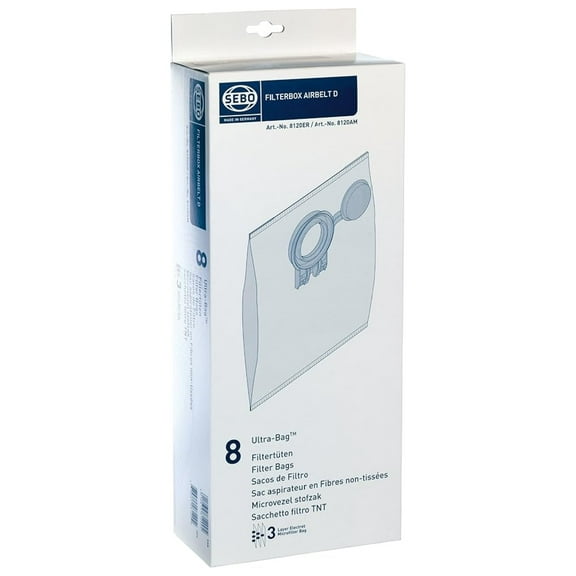 Sebo Airbelt Series D1, D4, D4 Premium Canister Vacuum Filter Bags 8 Pk Genuine Part # 8120AM, 8120ER