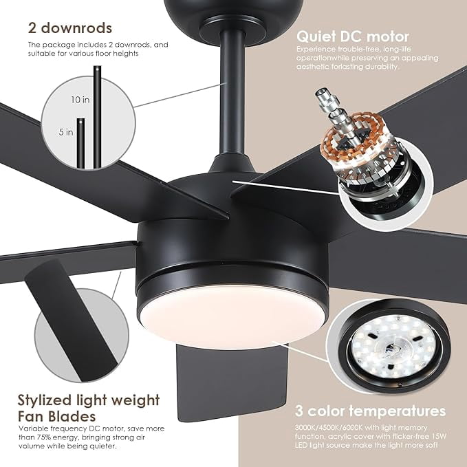 YIOSI 46" Black Ceiling Fan with Lights & Remote - Modern Low Profile, Reversible DC Motor, 5 Dual-Sided Blades, LED Light, APP/Remote Control, Quiet & Energy Efficient - Black