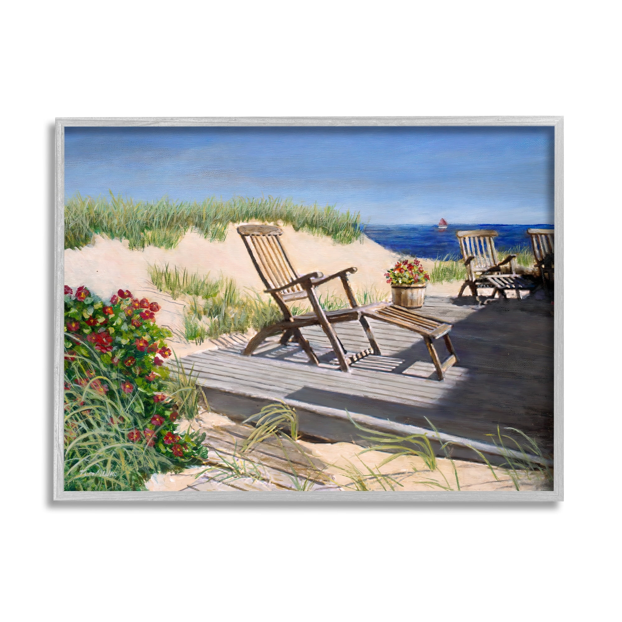 Stupell Industries Relaxing Waterfront Boardwalk Beach Chairs Summer Scene Painting Gray Framed Art Print Wall Art, Design by Tom Mielko
