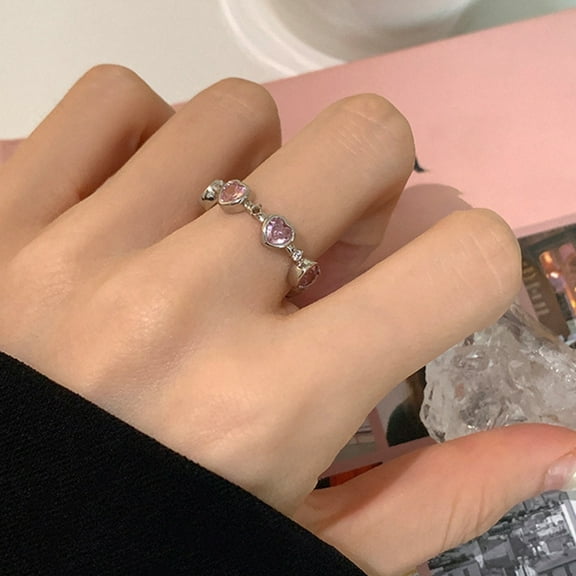 Anvazise Women Ring Pink Rhinestone Geometric Faux Crystal Adjustable Smooth Dress Up Fashion Item Love Heart Open Ring Jewelry Accessory Silver