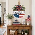 thumbnail image 3 of God Bless America Patriotic Door Hanger, 14 Inch Wooden Round Front Door Sign with American Flag Bow & Faux Greenery, Red White Blue 4th of July Independence Day Memorial Day Porch Wall Decor, 3 of 8