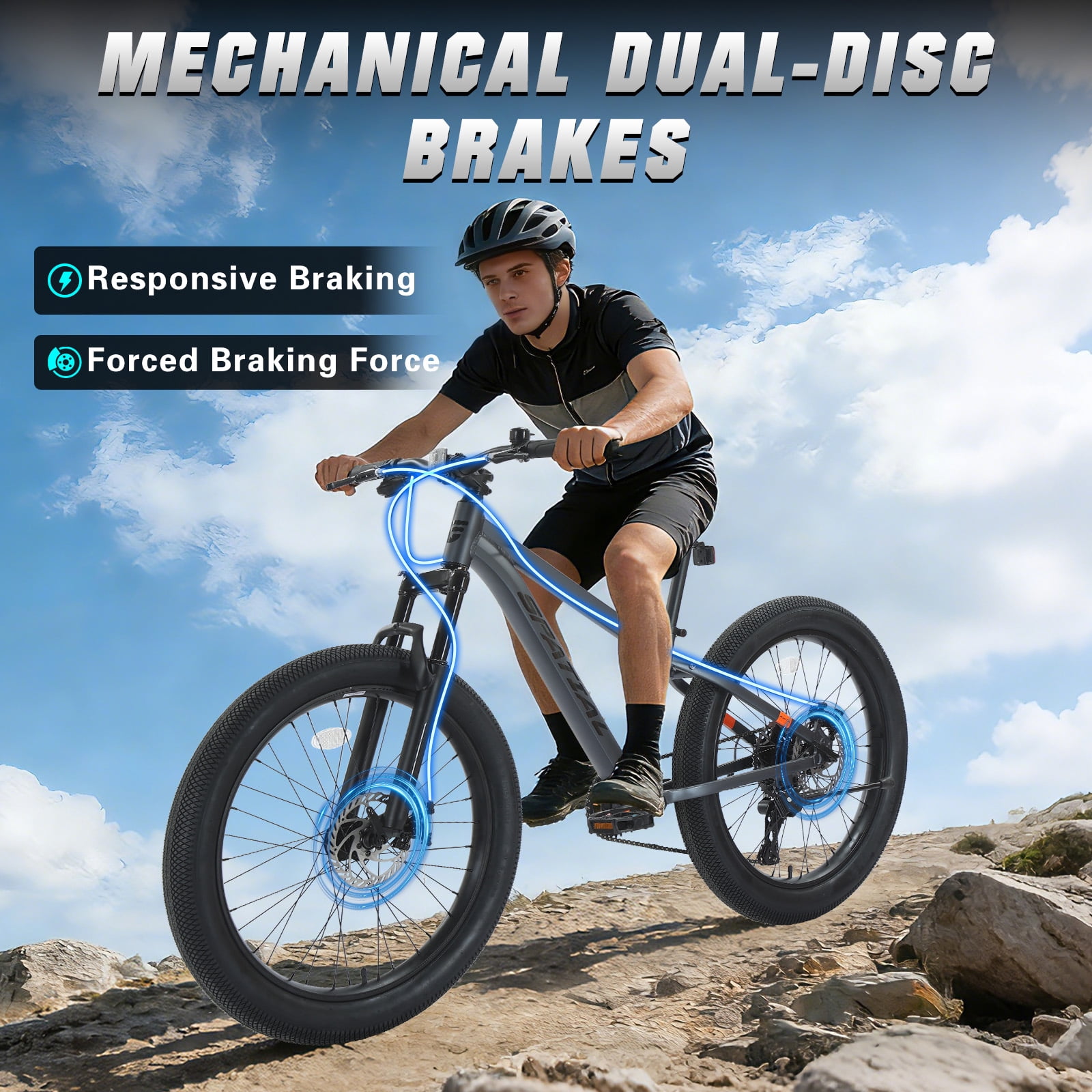 SPATIAL 24 inch Pro Fat Mountain Bike,8-Speed Gears MTB Mountain Bikes,Aluminum Frame Dual Disc Brakes,Dark Gray