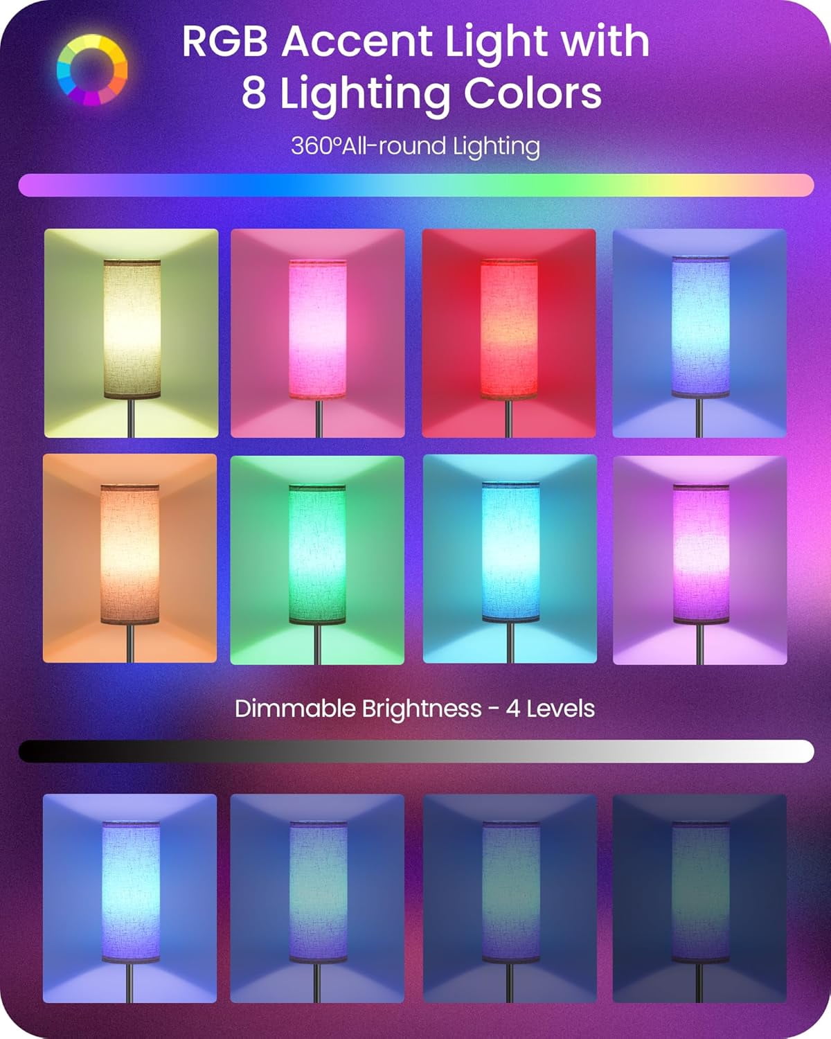 Dimmable RGB Floor Lamp with Color Changing Light, Remote & Foot Switch, Timer, 10W Smart Bulb Included for Bedroom & Living Room
