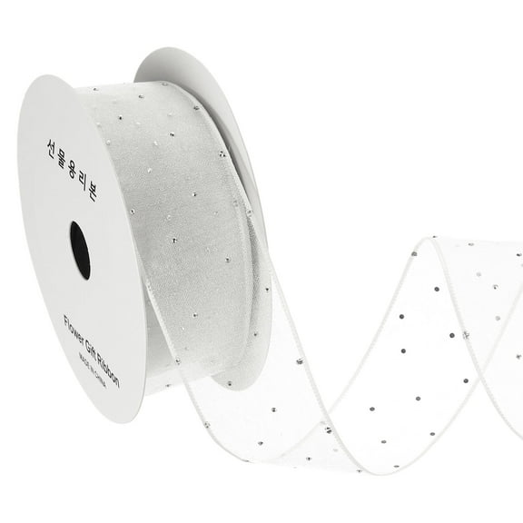 1.6 Inch x 10 Yard Organza Sheer Ribbon with Silver Rhinestone, White