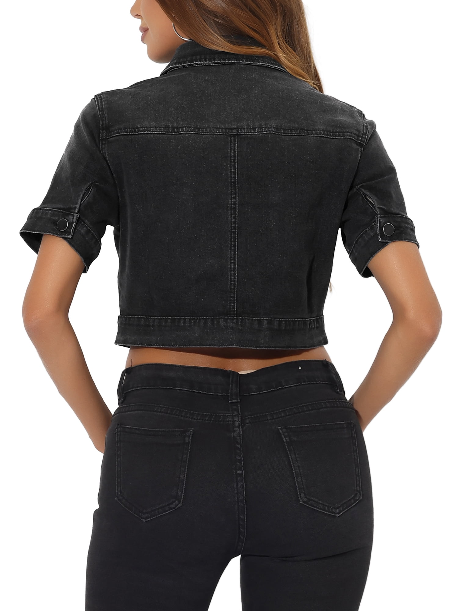 DARING DIVA Women's Short Sleeves Crop Button Down Denim Jacket XL Black