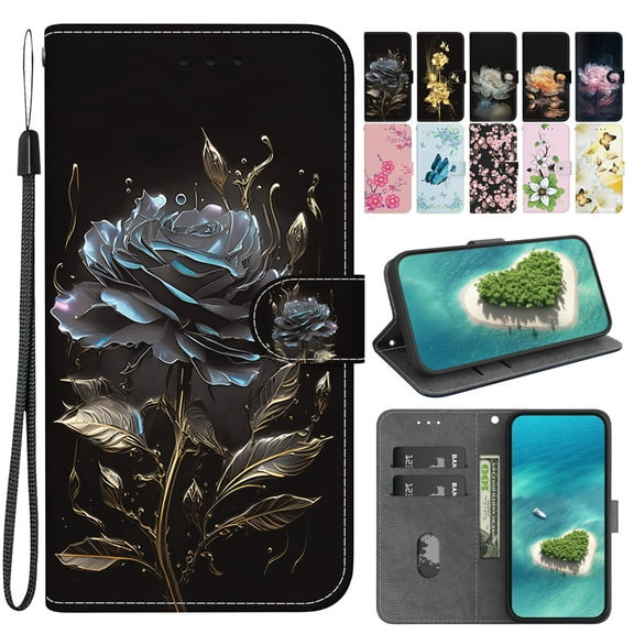 Dteck for iPhone 13 Pro Case Wallet with Card Holder and Wrist Strap Fashionable Cute Designs Flip Phone Cover for iPhone 13 Pro,Black Rose