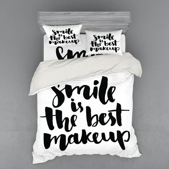 Ambesonne Saying Bedding Set 4 Pcs, Smile Letter, Queen, Black and White