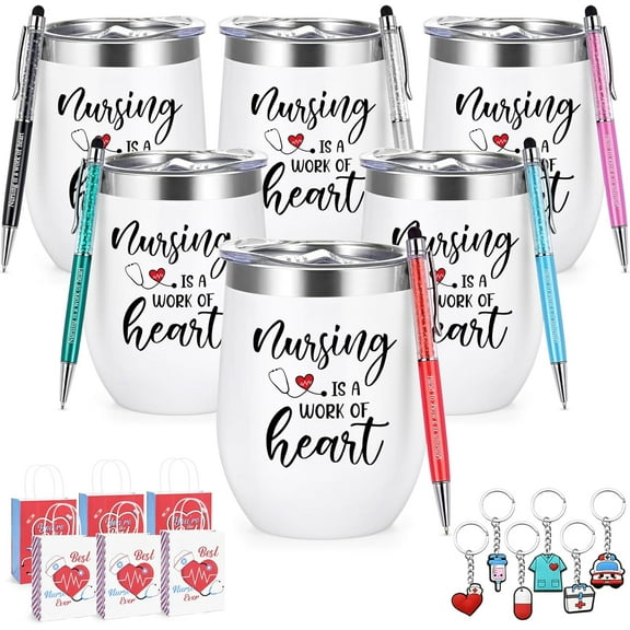 Gingprous Nurse Gifts, 6 Packs 12 oz Nurse Week Stainless Steel Tumblers, Nursing is a Work of Heart Insulated Wine Tumbler, Nurse Gifts Bulk with Key Chain Paper Bags