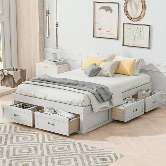 Bellemave Full Beds with 6 Storage Drawers, Wood Full Size Platform Bed Frame with Wood Slat Support, Rustic Style Storage Bed Frame Noise-Free, No Box Spring Needed（Antique White)