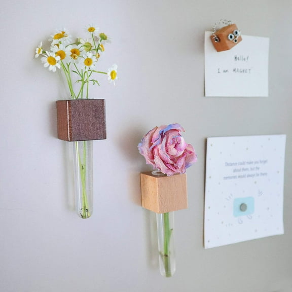 Mini Vase Magnets – Set of 2 – Beech Walnut Wood – Decorative Fridge Magnets for Small Flowers or Greenery