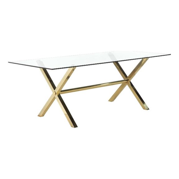 Tia 79 Inch Dining Table, Rectangular Tempered Glass Top, Gold, Clear