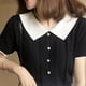 thumbnail image 4 of Guardurnaity Camisa de punto de manga corta con solapa para mujer, camiseta con bloque de color y botones, blanco Prendas para la parte del cuerpo Negro, 4 of 6