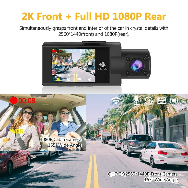 Z-Edge DashCam Car WiFi Fotocamera anteriore 2K 1440P e posteriore FHD 1080P [Nuova versione 2023], schermo LCD da 2,7'', registrazione in loop, WDR, sensore G, modalità parcheggio