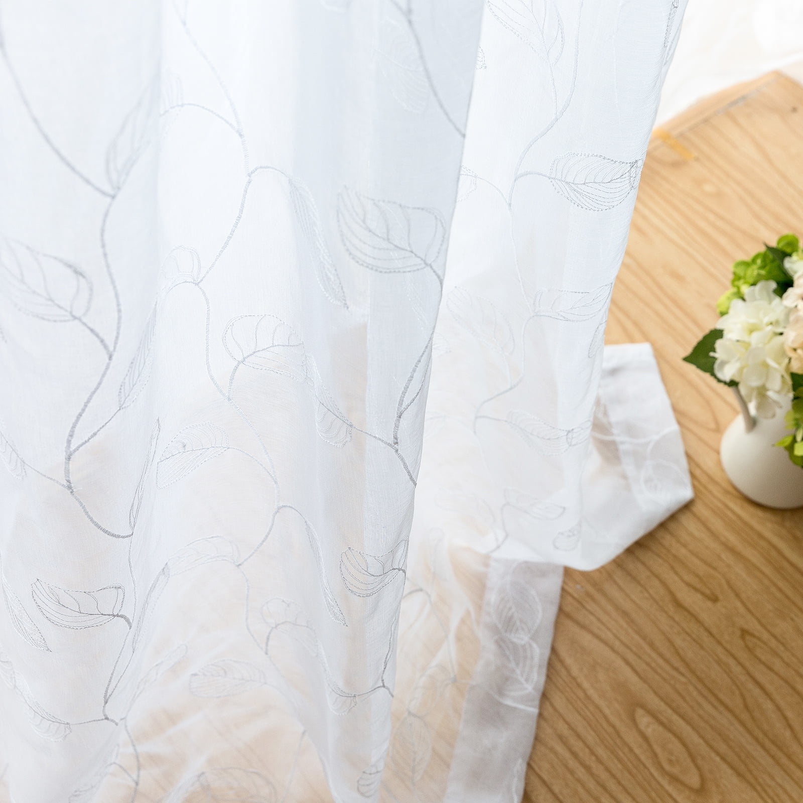 Curtainking White Sheer Curtains for Living Room Embroidered Leaf Window Curtains 84 inch Length light Filtering Drapes Rod Pocket 2 Panels White