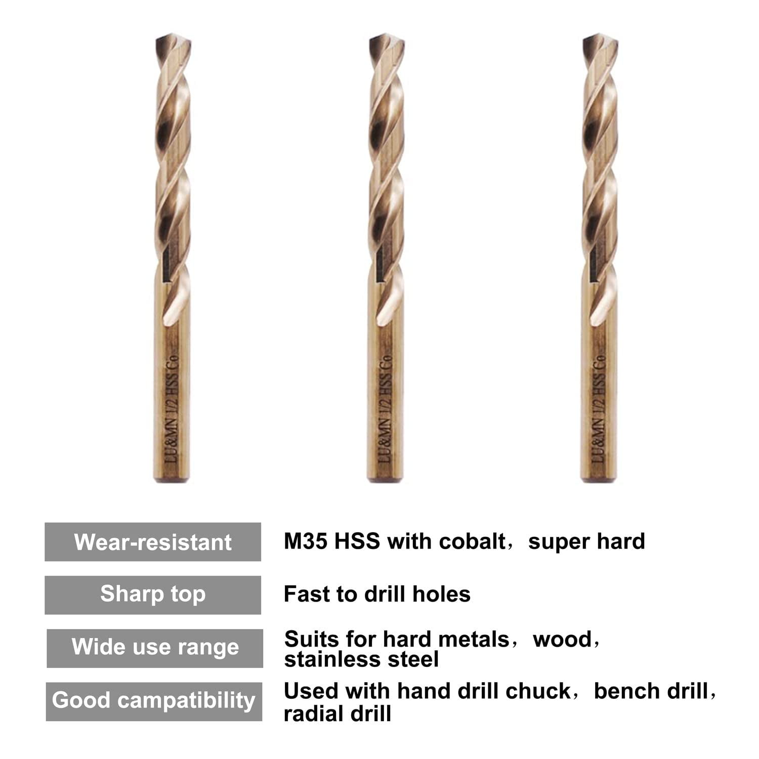 1/2" M35 Cobalt HSS Jobber Length Twist Drill Bit with Straight Shank,Heavy Duty, Pack of 5 PCS, Drilling for Cast Iron, Heat-Treated Steel, Stainless Steel and Other Hard Materials