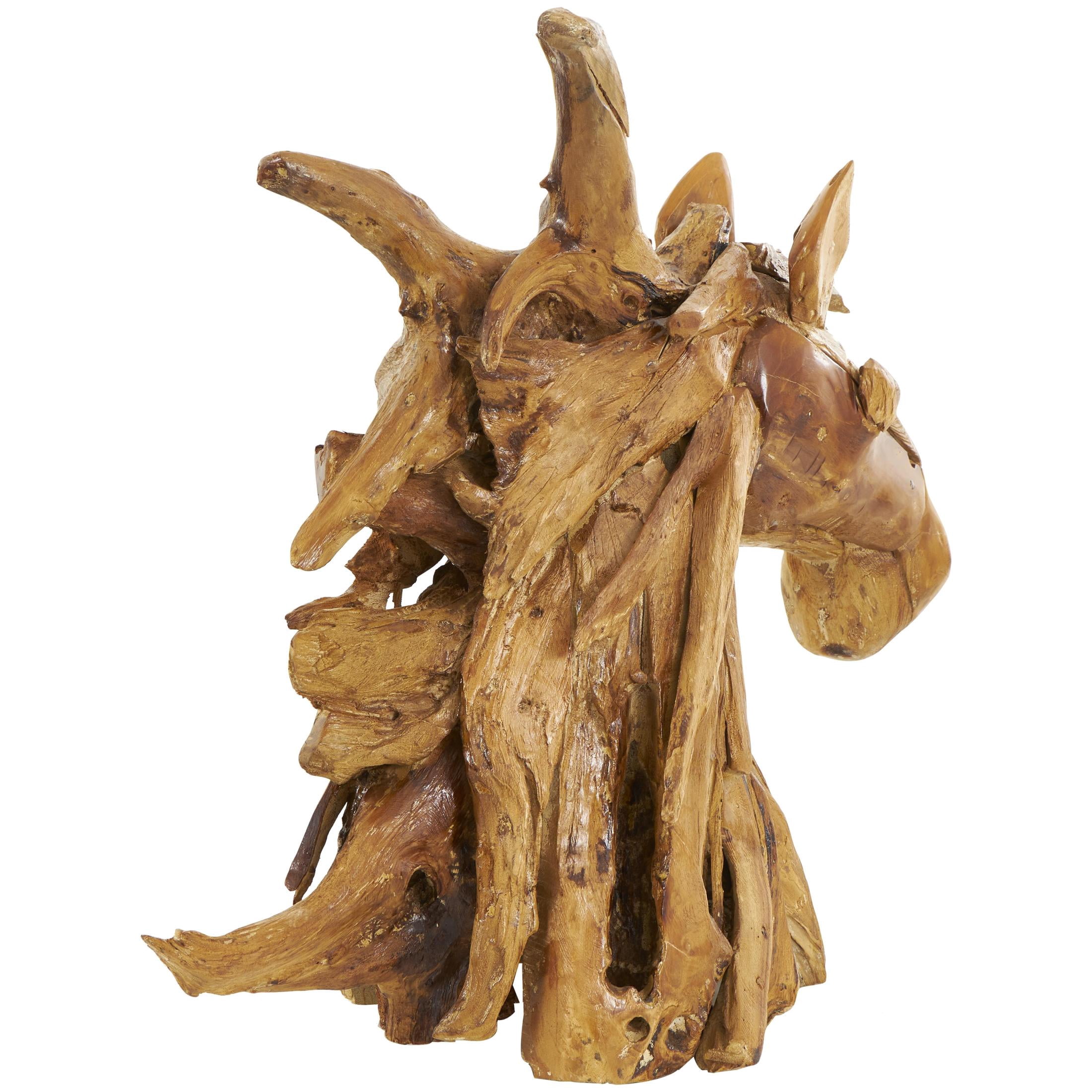 25" x 23" Brown Teak Wood Handmade Horse Sculpture, by DecMode