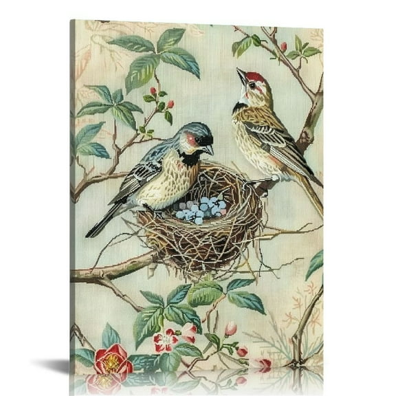 PRATYUS Birds Pictures Wall Decor Spring Hummingbird Canvas Wall Art Framed Farmhouse Bird Botanical Art Prints Bird Nest Eggs Poster Birds Themed Vintage Framed Art for Bedroom Living Room