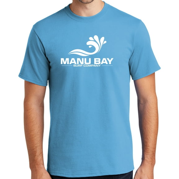 Manu Bay Surf Company Mens WHITE LOGO Surfer Cotton T-shirt, Small Aquatic Blue