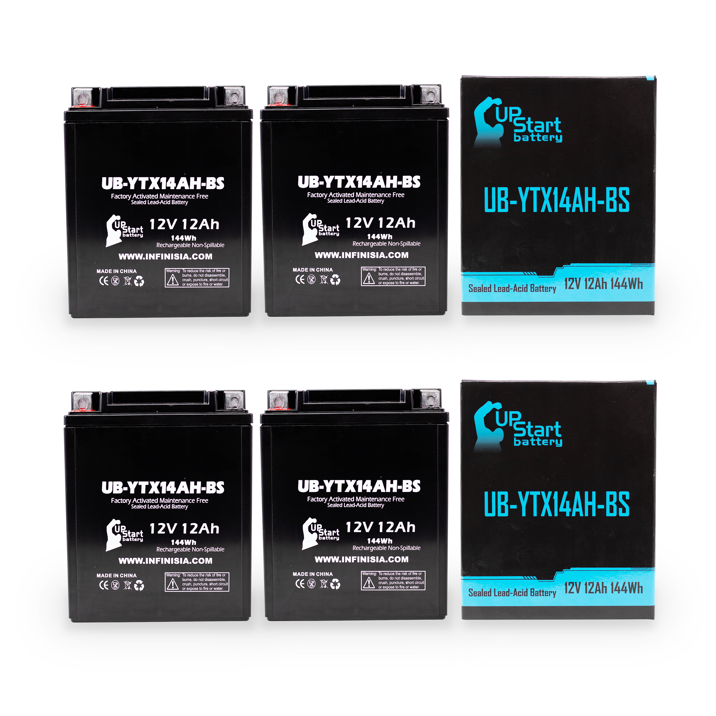 4-Pack UB-YTX14AH-BS Battery Replacement for 1983 Yamaha YTM200, E, ER Tri Moto 200 CC ATV - Factory Activated, Maintenance Free, Motorcycle Battery - 12V, 12AH, UpStart Battery Brand