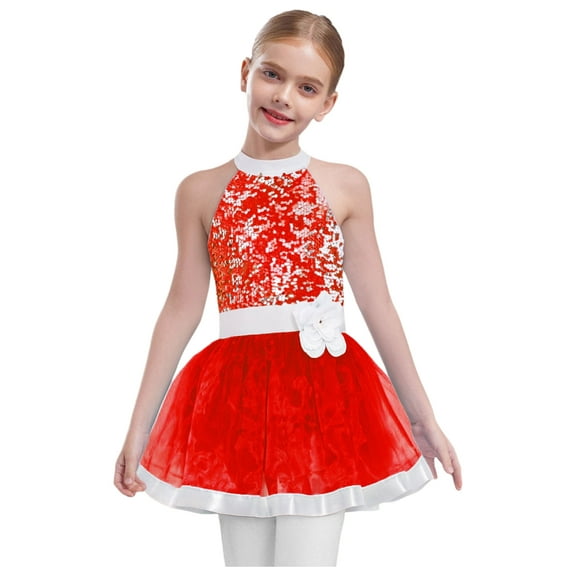 Haitryli Big Girls Shiny Sequin Ballet Leotard Tutu Dress Layered Tulle Skirt Gymnastics Dance Ballerina Outfit Red 16