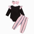 thumbnail image 4 of NOLDARES Newborn Baby Girl Fall Winter Clothes Infant Girls Outfits Ribbed Ruffled Long Sleeve Romper Bodysuit Pants Headband Set(Pink,0-3 M), 4 of 9
