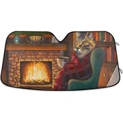 Bestwell Car Sunshades for Front Windshield Auto Sunshield Shade Foldable Cat in Chair by The Fireplace Near Bookshelf Car Sun Visor Blocks UV Rays Heat Protection SUV Truck