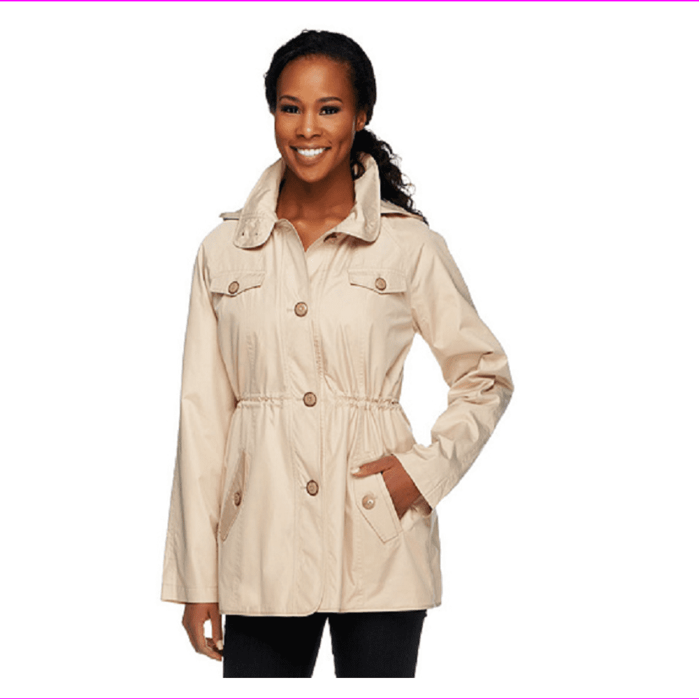 Dennis Basso Water Resistant Floral Lined Anorak Jacket with Hood,Khaki ...