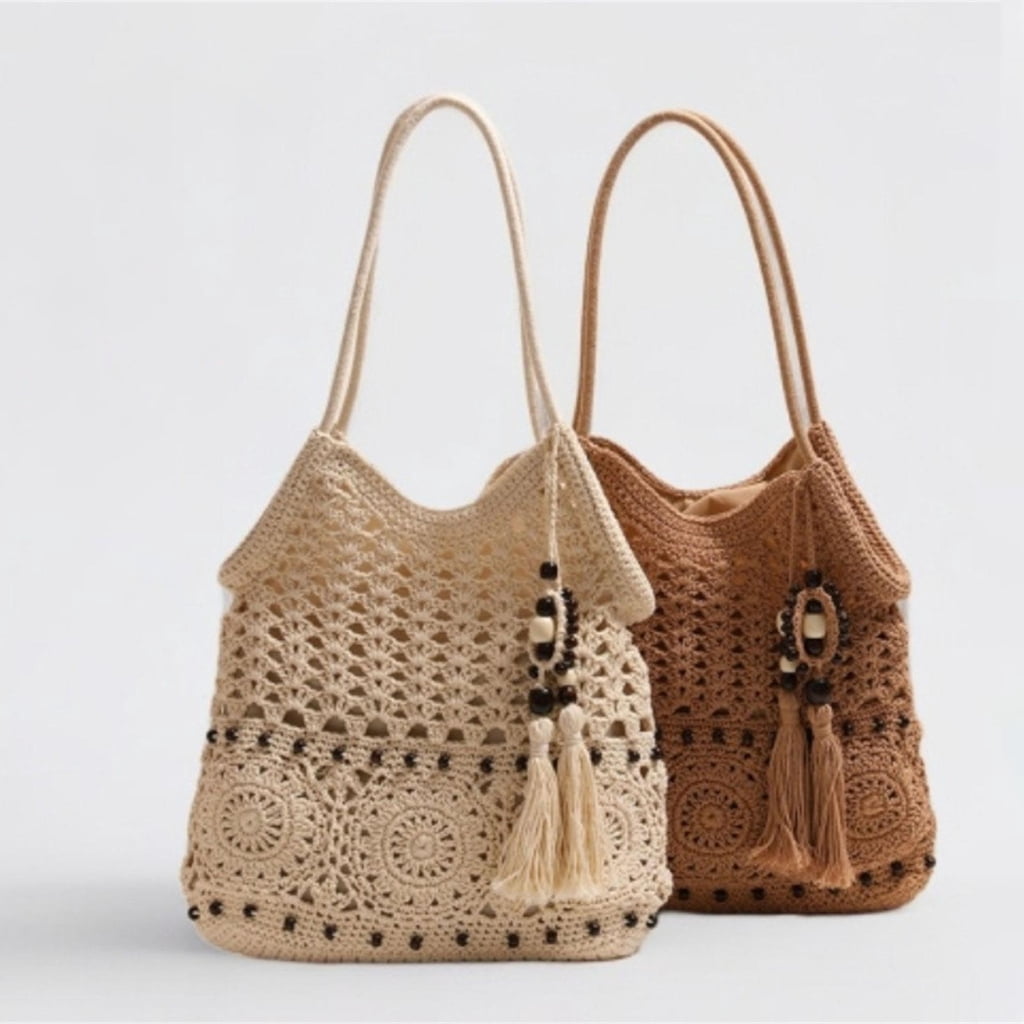 Bohemian Crochet Shoulder Bag for Women Handbag Summer Beach Bag with Tassels