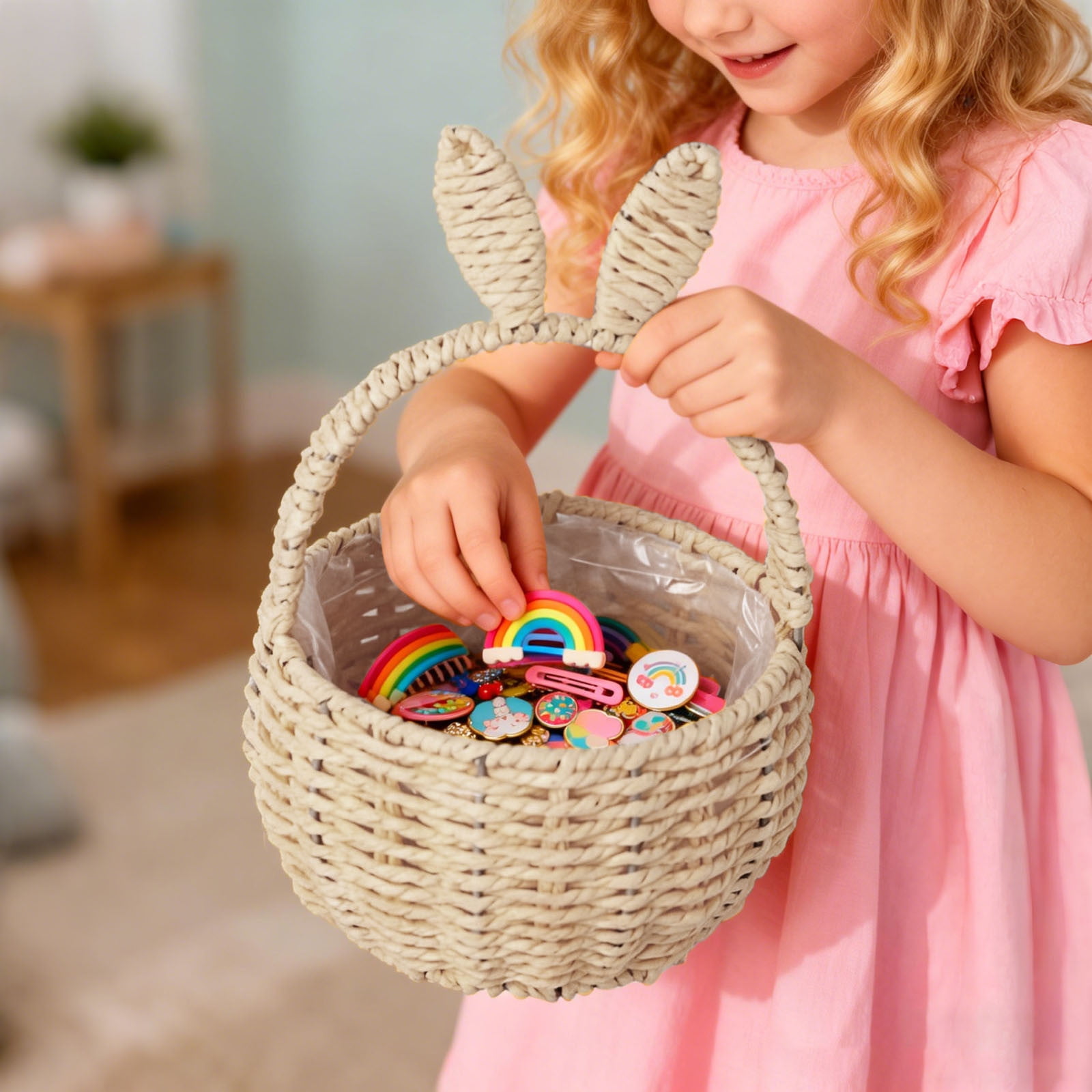 Basket with Handle for Party Favors, Easter Bunny Woven Basket, Handmade Straw Wicker Easter Candy Eggs Baskets for Kids Cute Rabbit Picnic Hamper for Egg Party Gifts Toy Storage
