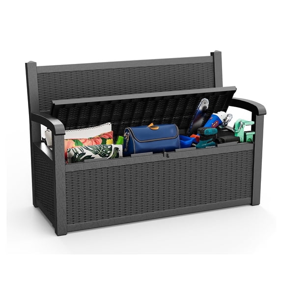 EasyUp 80 Gallon Storage Bench Deck Box Waterproof Lockable,Outdoor Storage Furniture for Patio,Garden and Porch,Tools and Cushions（Black）