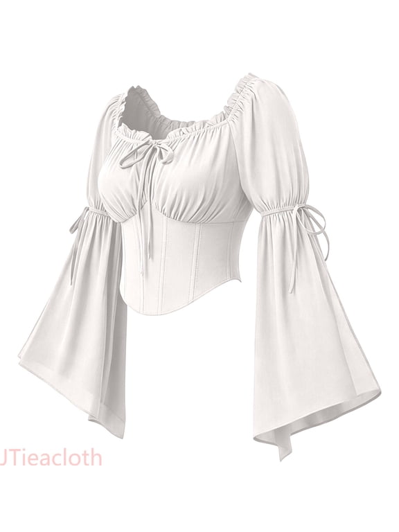 Womens Gothic Tops Women's Medieval Corset Top Flared Split Sleeve Laced Bodice Festival Blouse