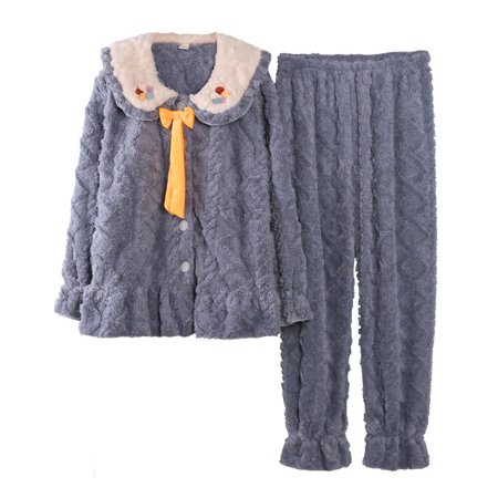 

Womens Fleece Pajamas Set Button Down Long Sleeve Outfits Winter Warm Thickened Coral Home Wear