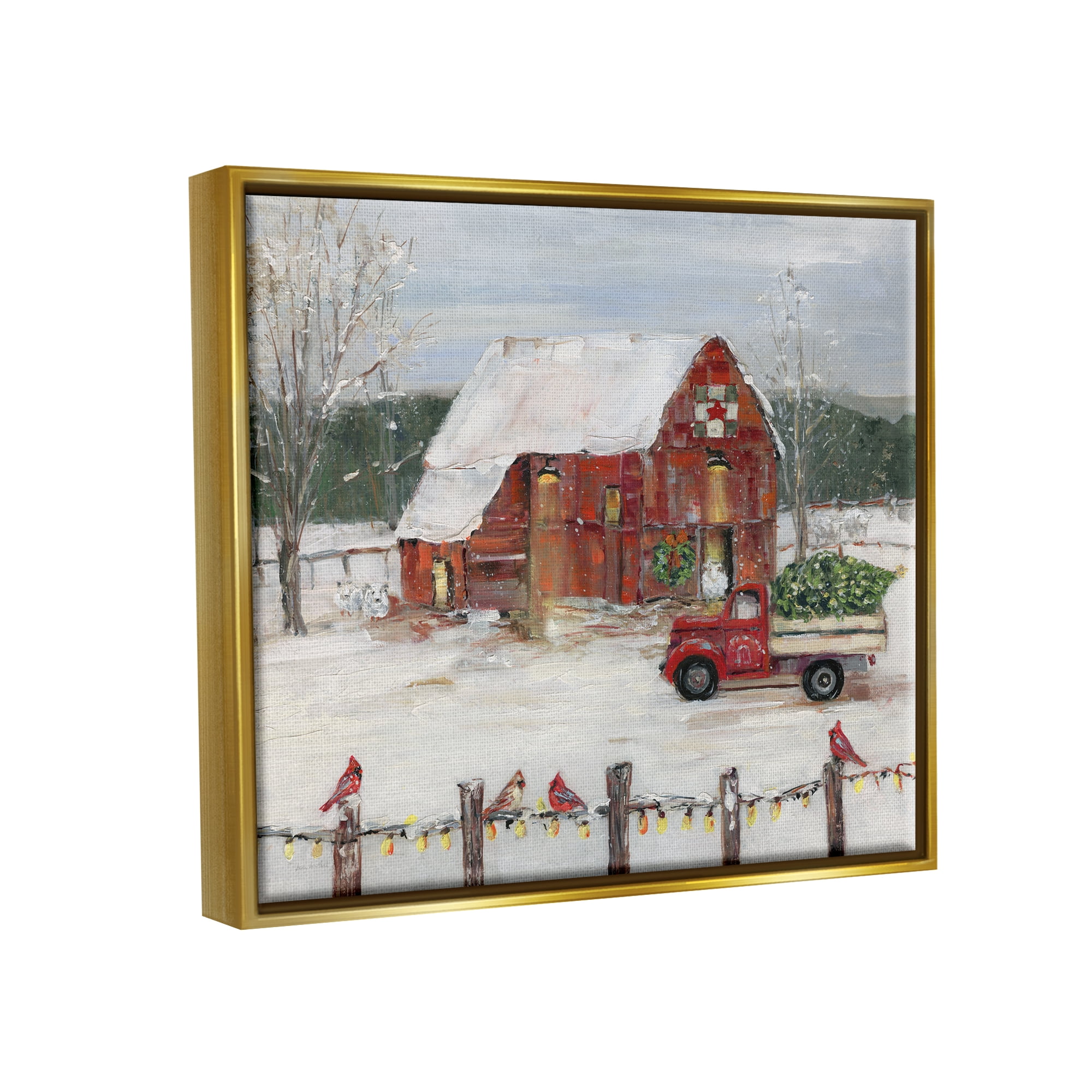 Stupell Industries Holiday Barn Winter Scene Holiday Painting Gold Floater Framed Art Print Wall Art