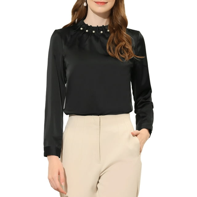 INSPIRE CHIC Women's Elegant Pleated Neck Long Sleeves Satin Blouse XS Black