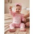 thumbnail image 4 of Cjfdfy  Newborn Baby Girls Fall Outfit Long Sleeve Little Sister Letter Embroidery Striped Romper And Pants Headband 3-piece Set Infant Baby Girl Ruffle Ribbed Fall Winter Clothes, 4 of 9