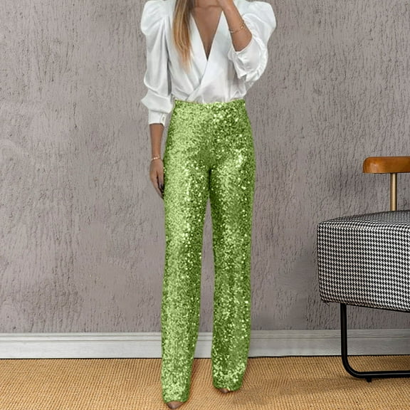 MEZZALL Women Party Sequin Elastic Waist Slim Fit Elastic Flare Pants Fashion Solid Color Pants Soft Daliy Slacks Trousers
