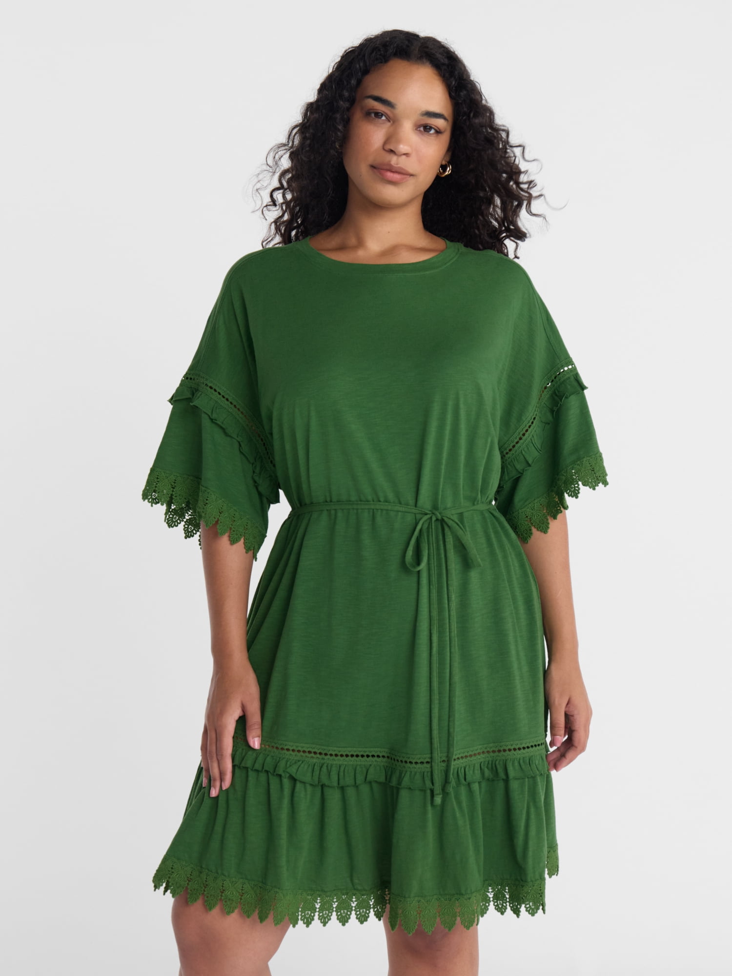 Scenario Women's Lace Trim Knit Dress with Short Sleeves, Sizes XS