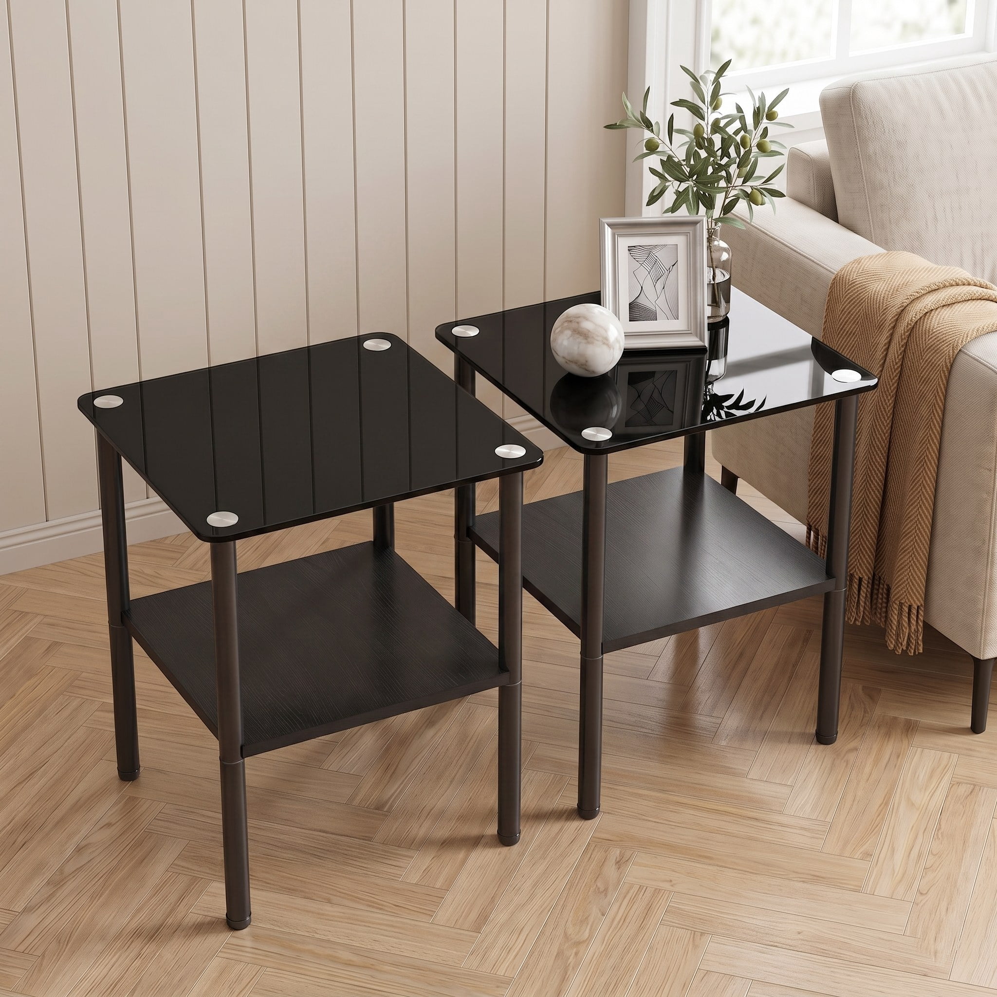 2-piece Modern Rectangular Glass Side Table, Tempered Glass Tabletop, MDF Storage Shelf & Metal Legs, Minimalist Sofa Side Table for Living Room & Bedroom
