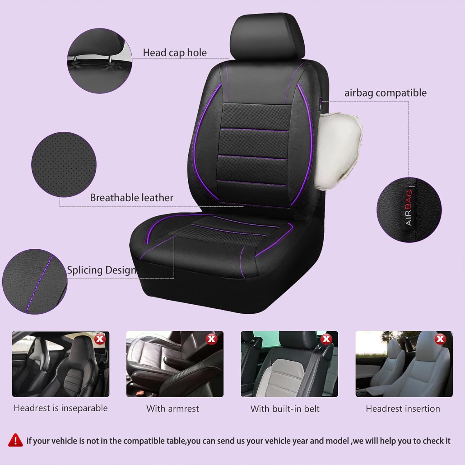 CAR GRAND Faux Leather car seat covers front pair breathable universal fit airbag compatible car, SUV, truck and van Purple