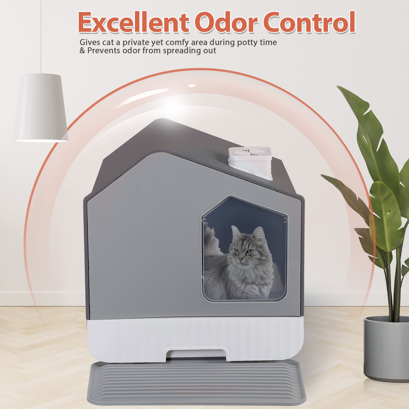Enclosed Cat Litter Box with Litter Scoop and Slide-Out Tray Anti-Leakage Grey