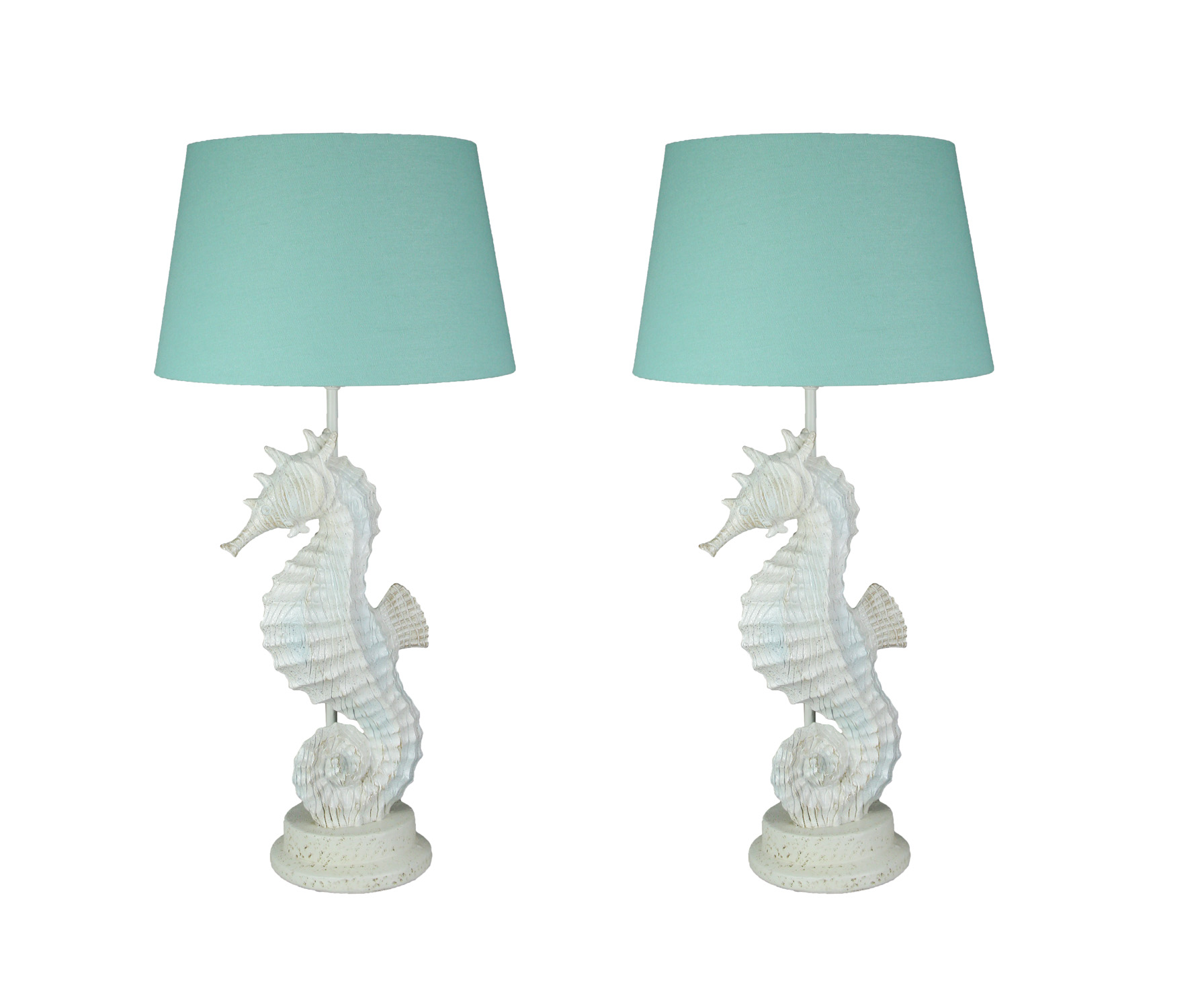 Set of 2 Carved Wood Look Seahorse Table Lamps White With Aqua Shades