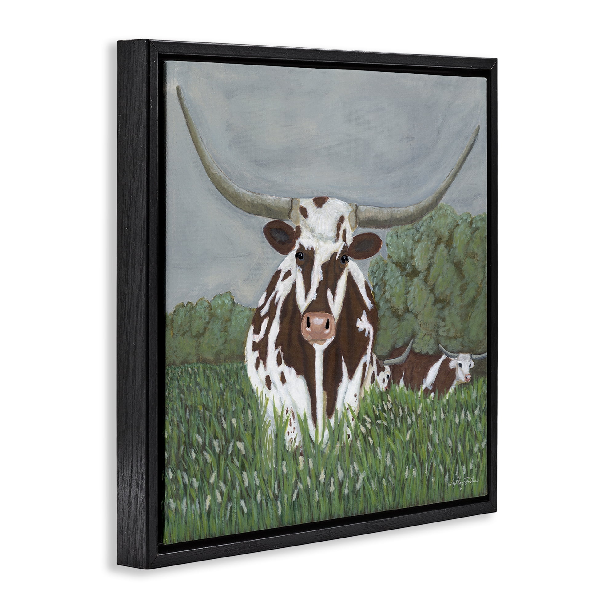 Stupell Industries Spotted Longhorn in Nature Animals Painting Black Floater Framed Canvas Art Print Wall Art, 18 x 18
