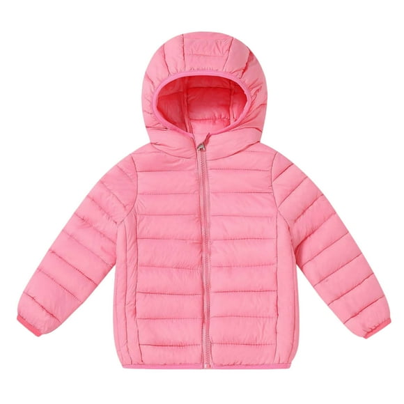 Yanlir Kids Solid Color Hooded Puffer Jacket with Pockets Thickened Warm Zip Up Coat for Boys and Girls Cold Weather Windproof Outdoor Casual Wear(Pink#1,5-6 Years)