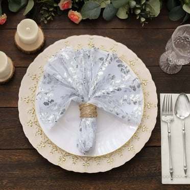 Efavormart Sparkly Silver Leaf Vine Embroidered Sequin Tulle Cloth Dinner Napkins, Sheer Decorative Napkins