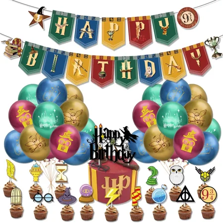 Cute Harry Potter Birthday Party Supply Disposable Banner Cake Topper Hanging Flag Harry Potter Balloons Set Birthday Decoration