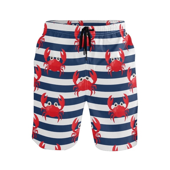 Crab with Blue and White Stripes Pattern Mens Swim Trunks Quick Dry Board Shorts Breathable Fit Beach Shorts Swimwear