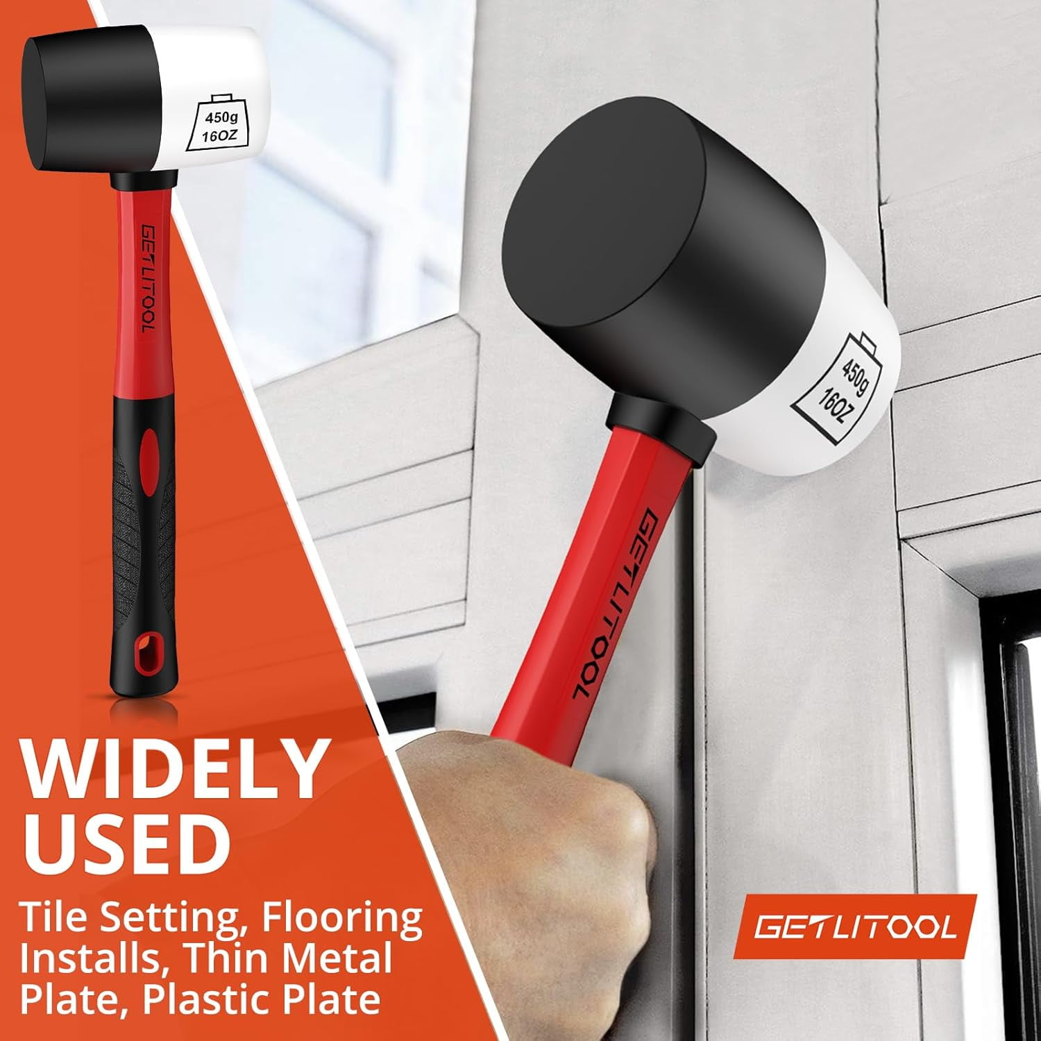 GETLITOOL Rubber Mallet Black/White 16oz, Non-Marking Rubber Mallet Hammer ⌀=55mm with Two Sides, Rubber Hammer with Non-Slip Fiberglass Handle for Camping, Flooring/Tiles Install, Woodworking