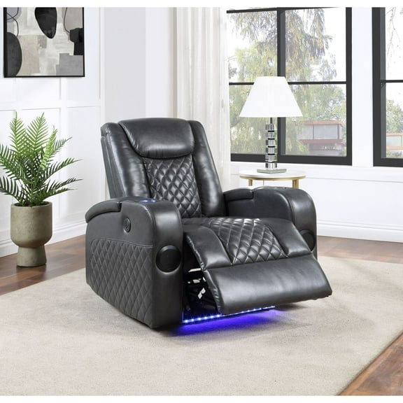 ACME Alair Power Motion Leather Recliner W/Bluetooth Speaker & Cooling Cup Holder, Dark Gray